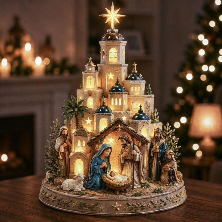 Bethlehem Nativity Church Tower with Light-Up Feature in beige, blue, gold and white on a table with lit windows and star topper