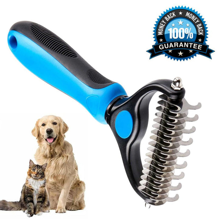 Blue-handled rake at an angle showing its curved teeth, with a golden retriever and a tabby cat beside it 4