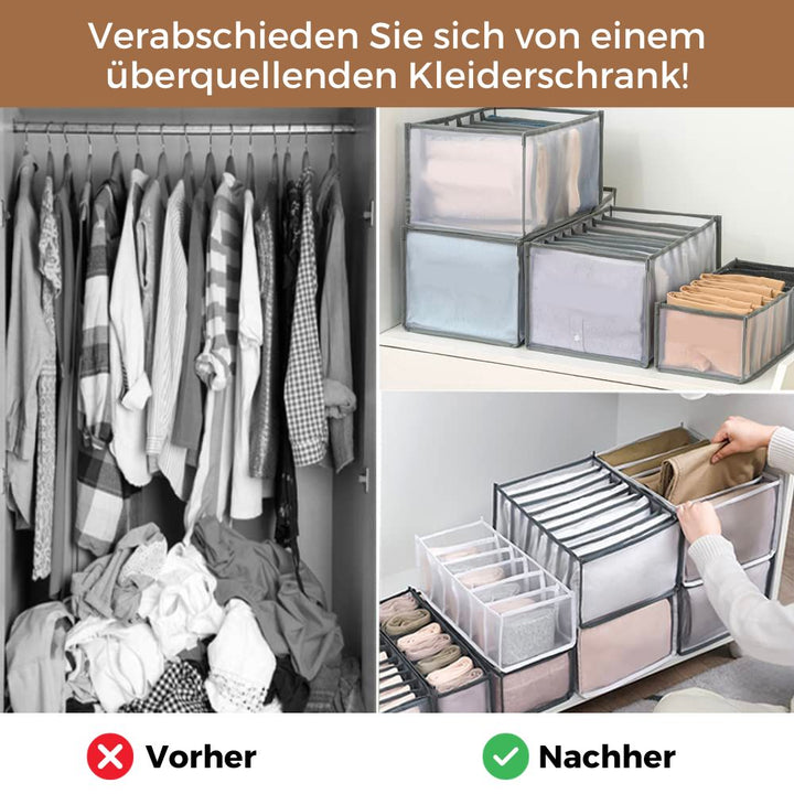 Before-and-after view of gray mesh organizer boxes of folded clothing on shelves.