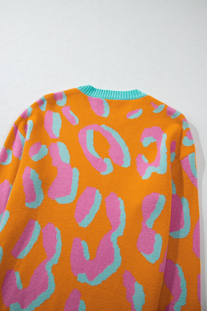 Ladies' Sweater With Color Block Leopard Print And Round Neck - Liora