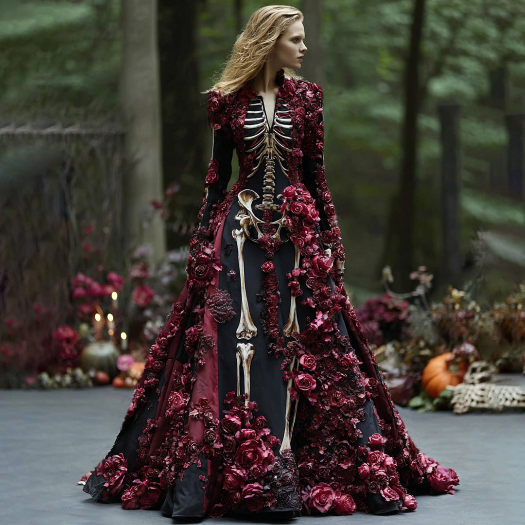 Skeleton print maxi dress with deep red roses, another view.