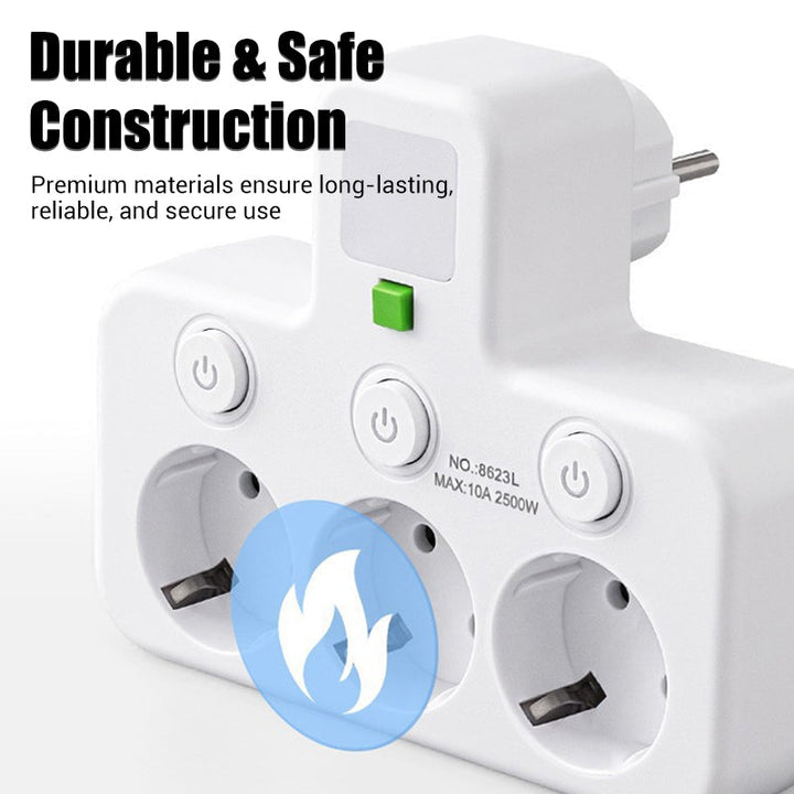 White power strip with three sockets and a night light, another view.