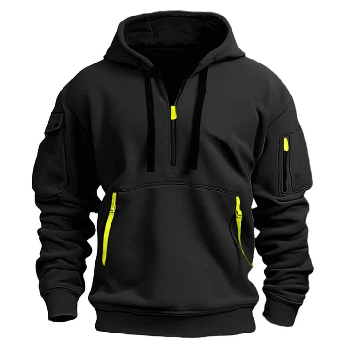 Black half-zip hoodie with bright neon yellow zipper pulls, sleeve pockets and a front kangaroo pocket 2
