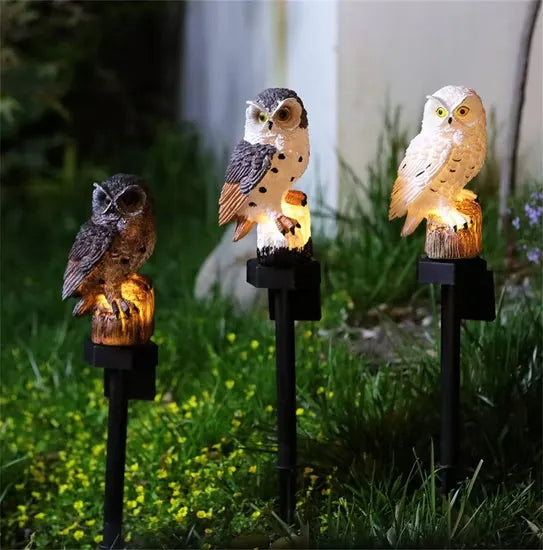 Three owl lights in brown, mixed and white glowing on stakes in grass with small yellow flowers 8