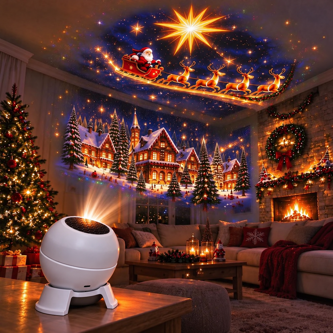 Projector at the lower left of a living room, throwing a snowy village and flying sleigh onto walls and ceiling 5