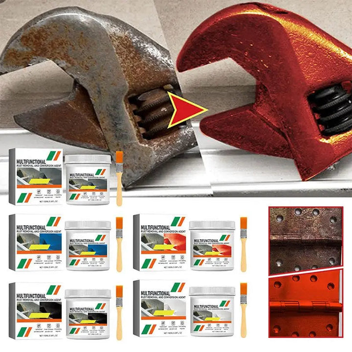 Rust remover and metal restorer showing a rusty wrench and the treated wrench in glossy red.