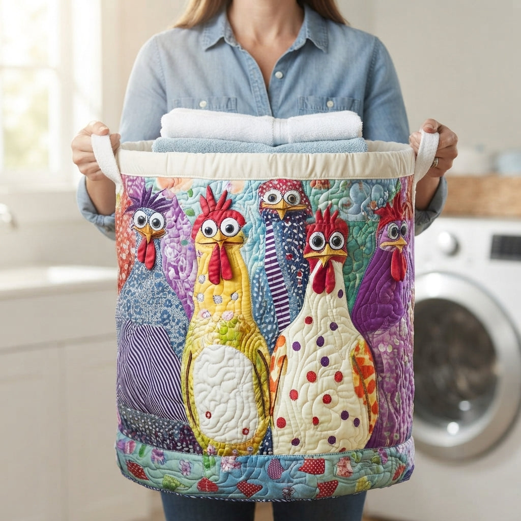 Padded fabric laundry basket, another view with white handles.