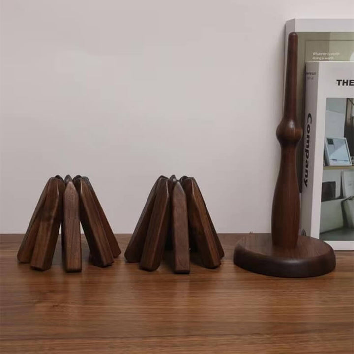 Black walnut wood table mat with folded slats beside the stand, another view