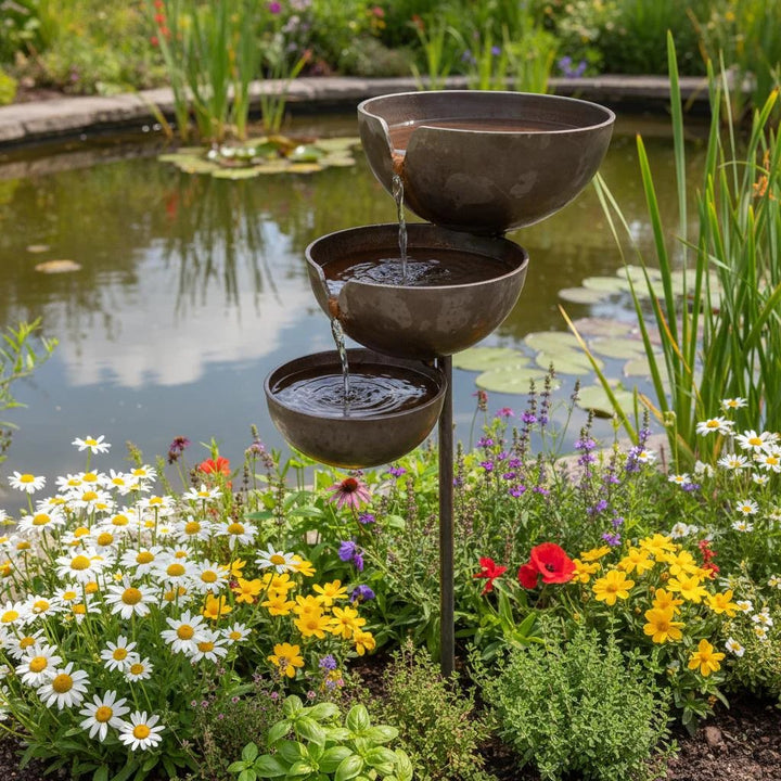 Brown stainless-steel bird bath on a stake beside a garden pond with water flowing between bowls.