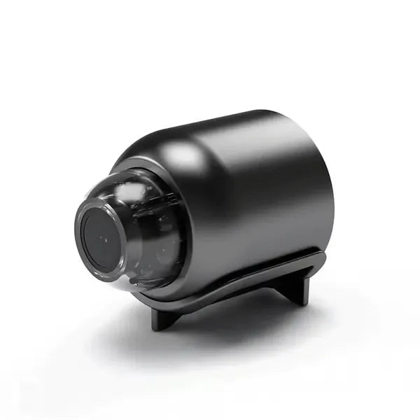 Mini HD Security Camera black front three-quarter view on its small stand