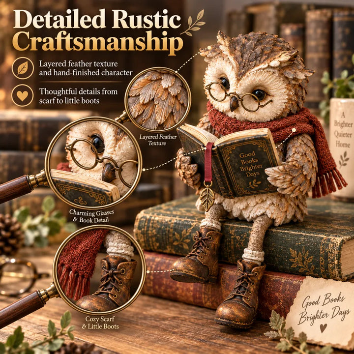Close-up of the beige and brown owl figurine with glasses, book, scarf and boots.