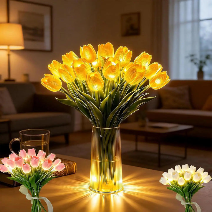 Yellow LED flower lamp on a living room table, with inset bouquet details.