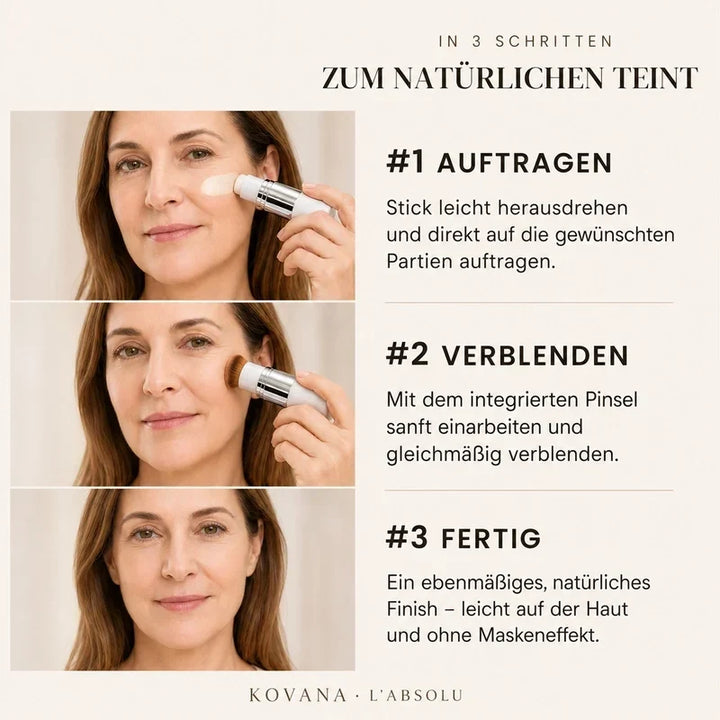 Color-Adjusting 2-in-1 Foundation three-step tutorial showing application, blending, and the finished natural look.