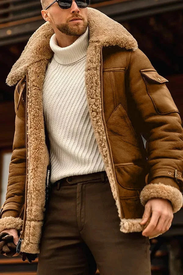 Close-up of the tan brown version worn open over a cream turtleneck, showing the shearling collar and cuffs 6