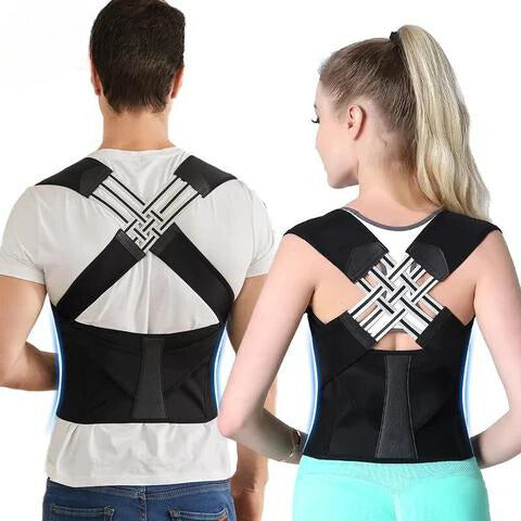 Back view of a man and a woman both wearing the black brace, its crossed elastic bands between the shoulder straps. 2