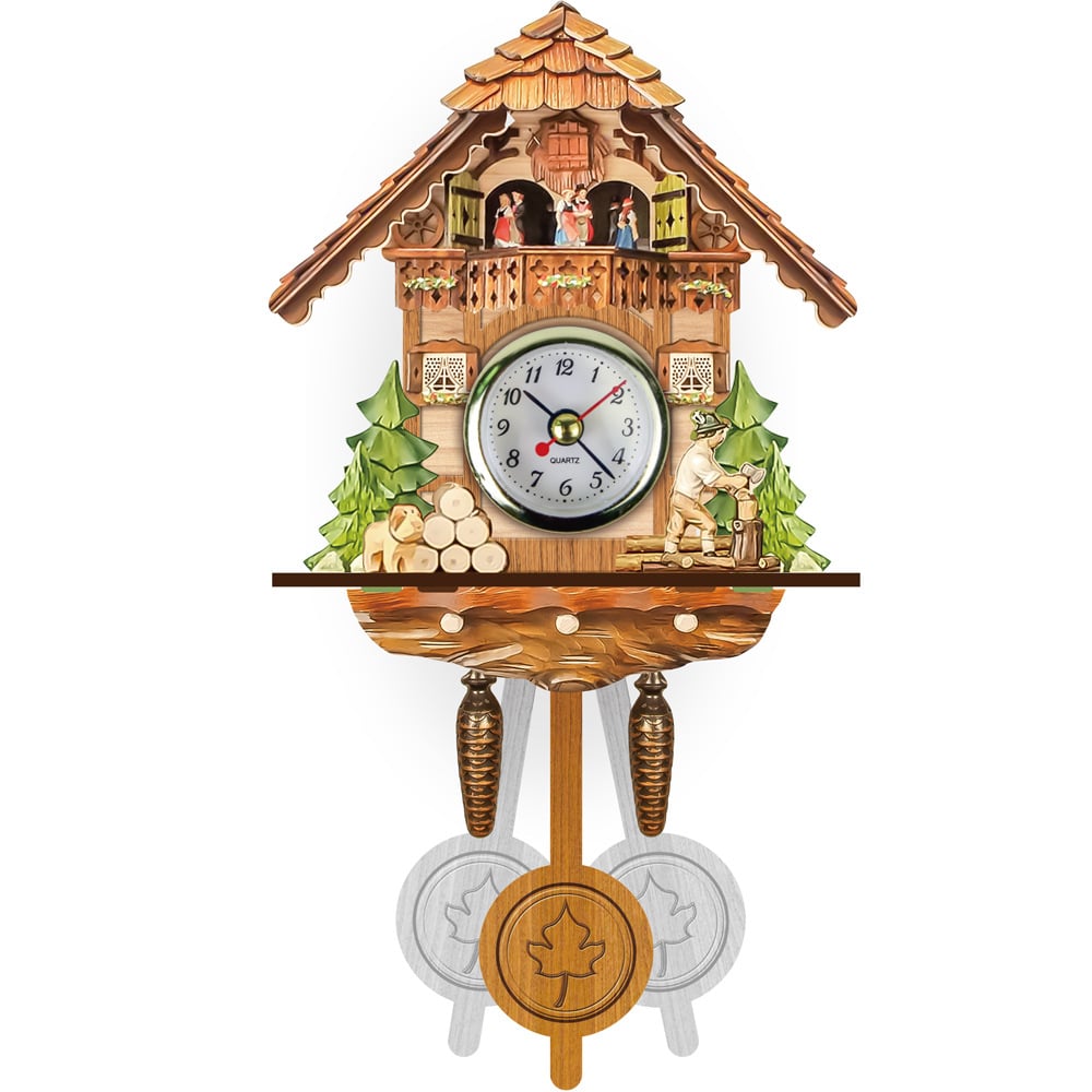 Chalet-design wall clock with shingle roof, woodcutter chopping logs, dog beside a log pile and pendulum 4