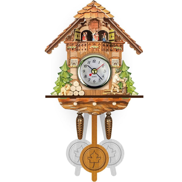 Chalet-design wall clock with shingle roof, woodcutter chopping logs, dog beside a log pile and pendulum 4
