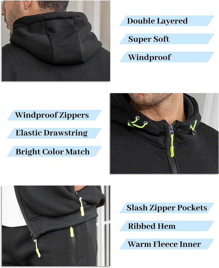 Collage of black tracksuit details: double-layered hood, drawstring and zipper pulls, slash zipper pockets and ribbed hem 23