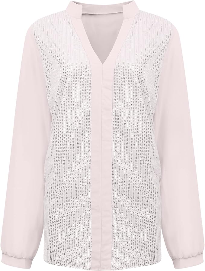 Weiße Damenbluse mit Pailletten, V-Ausschnitt, lange Ärmel, elegant, festlich.