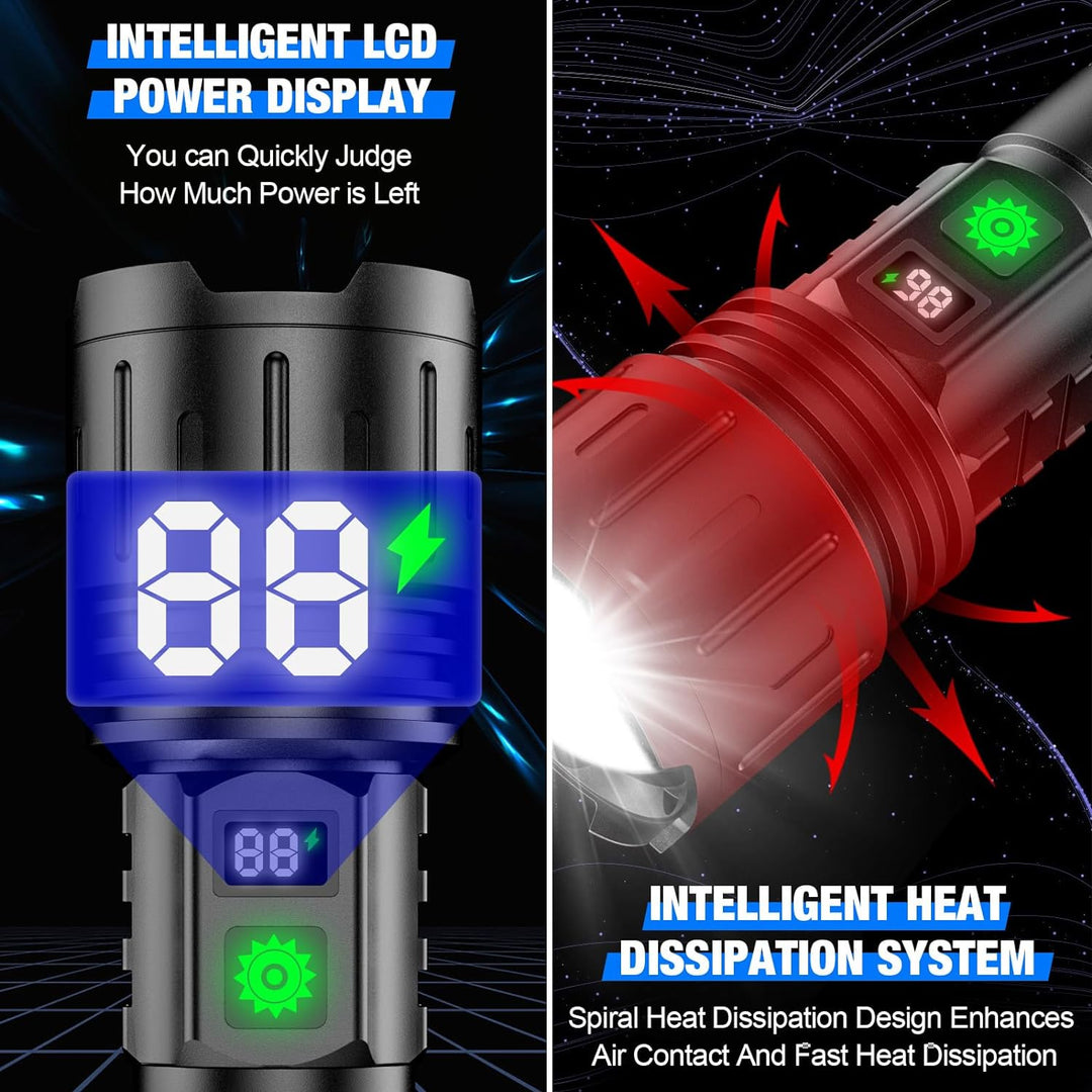 Black flashlight detail showing the digital battery display and cooling design.
