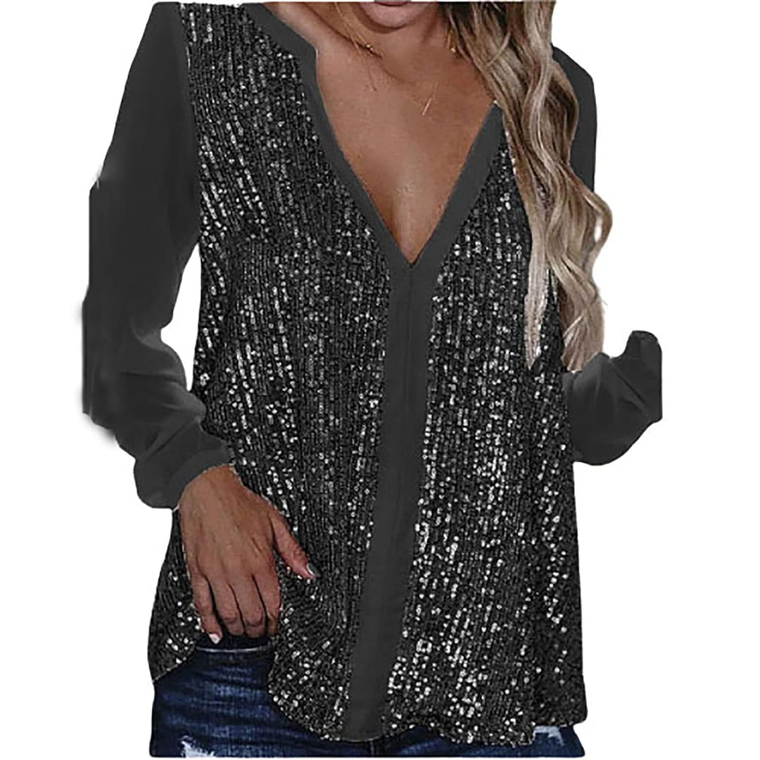 Damen Bluse mit Pailletten, V-Ausschnitt, langärmlig, schwarz, festlich, elegant