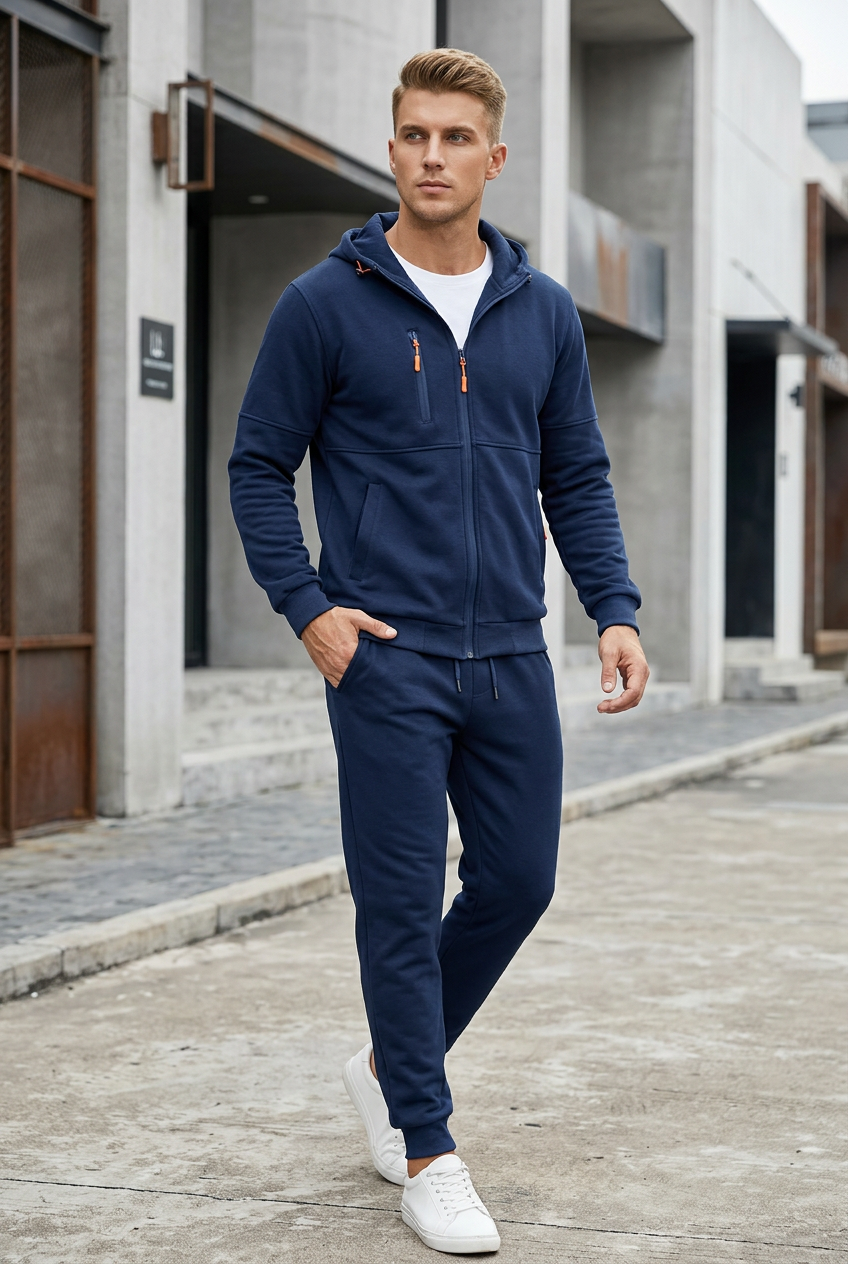 Model in navy zip hoodie and joggers with orange zipper pulls, white sneakers, walking past concrete buildings 1