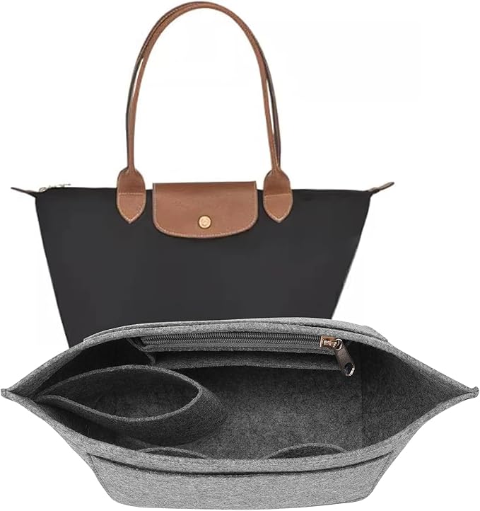 Black felt organizer insert with a zippered back pocket and open compartments, shown with a tote.