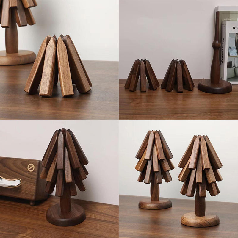 Black walnut wood table mat collage showing folded slats and the tree-shaped stand