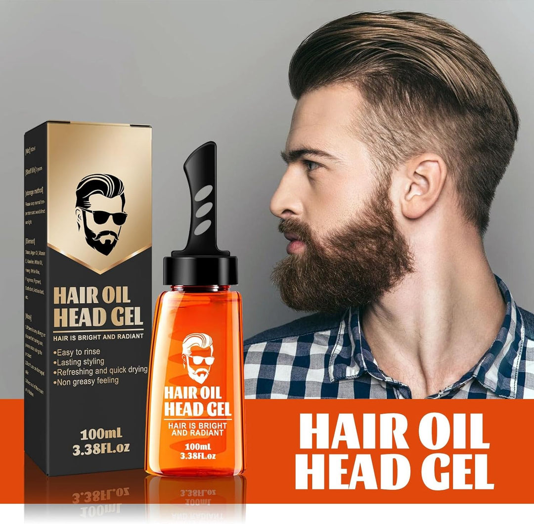 Gel bottle with comb cap and its box beside a bearded man in a blue plaid shirt, shown in profile.