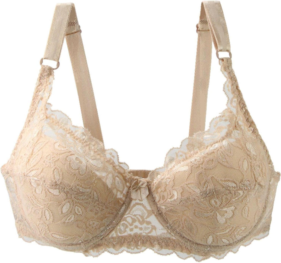 Beiger Spitzen-BH, verstellbare Träger, florales Muster, Damenunterwäsche, elegant, bequem.