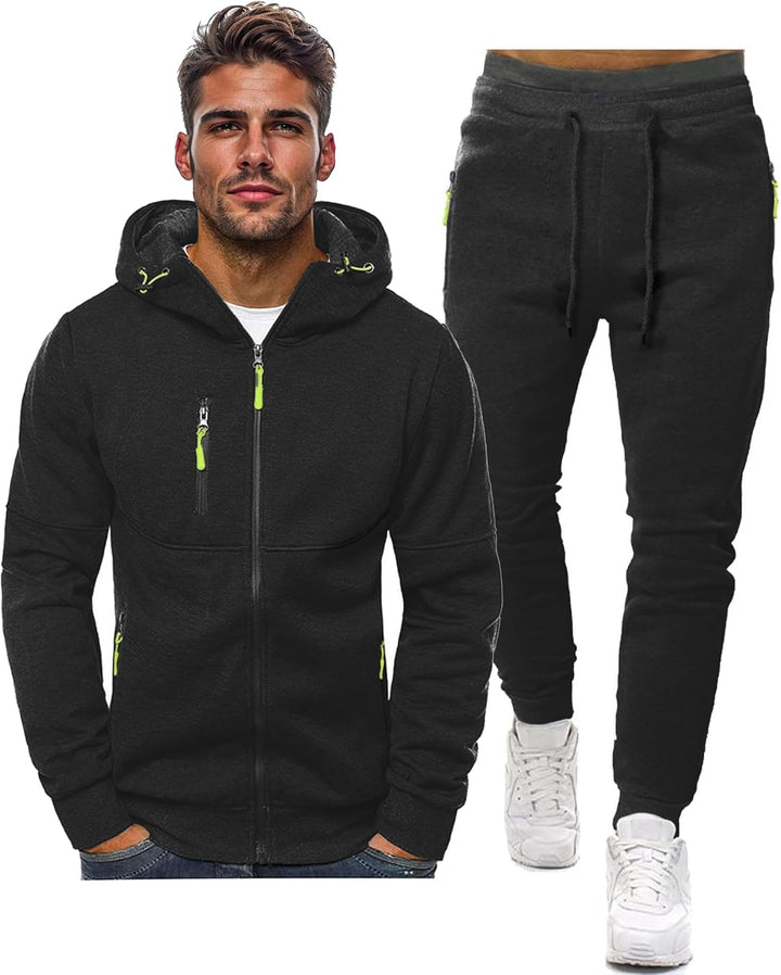Black zip-up hooded jacket with neon yellow-green zipper pulls shown beside matching drawstring joggers 19