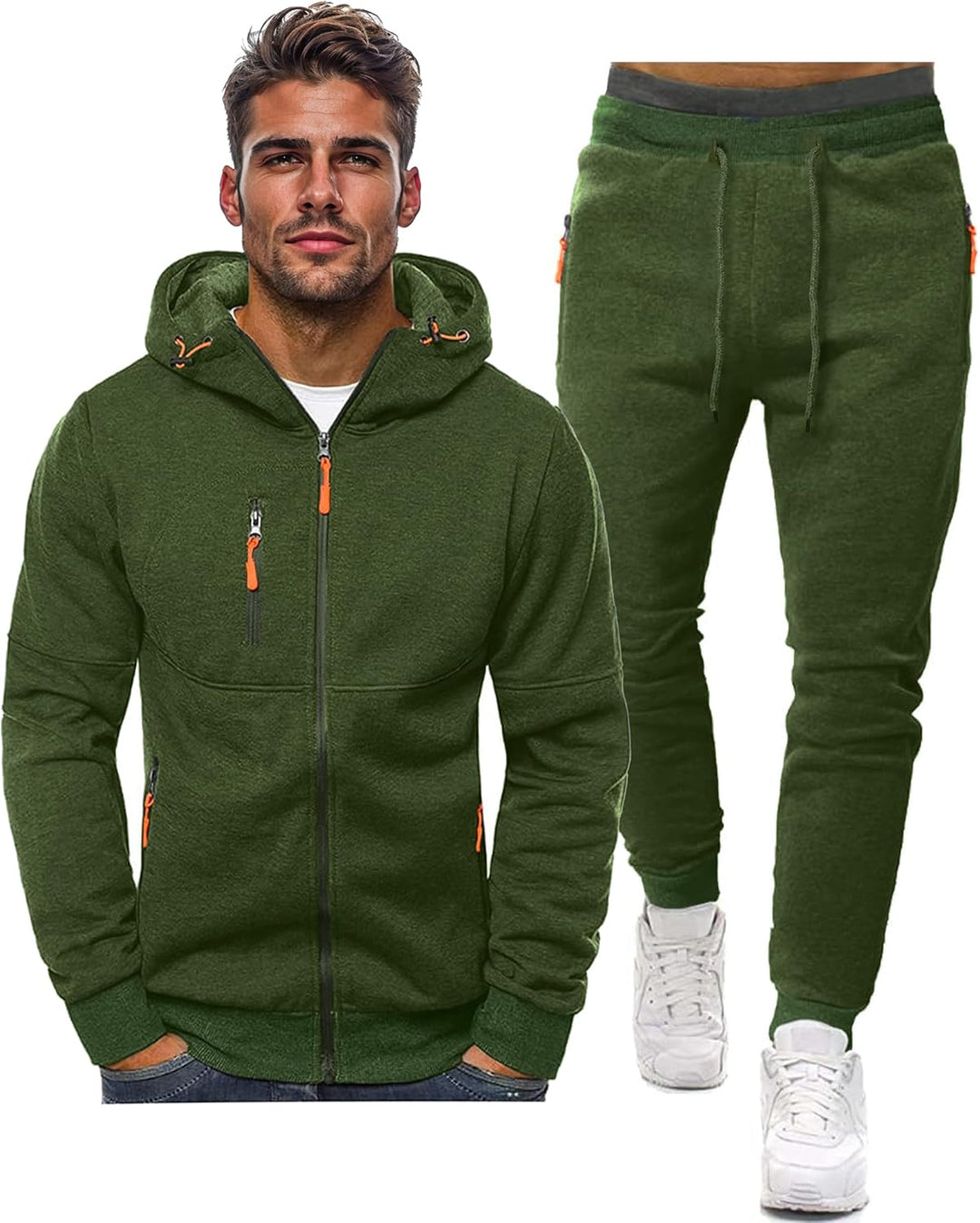 Olive green hooded zip jacket on a model beside matching drawstring joggers with orange zipper pulls 14