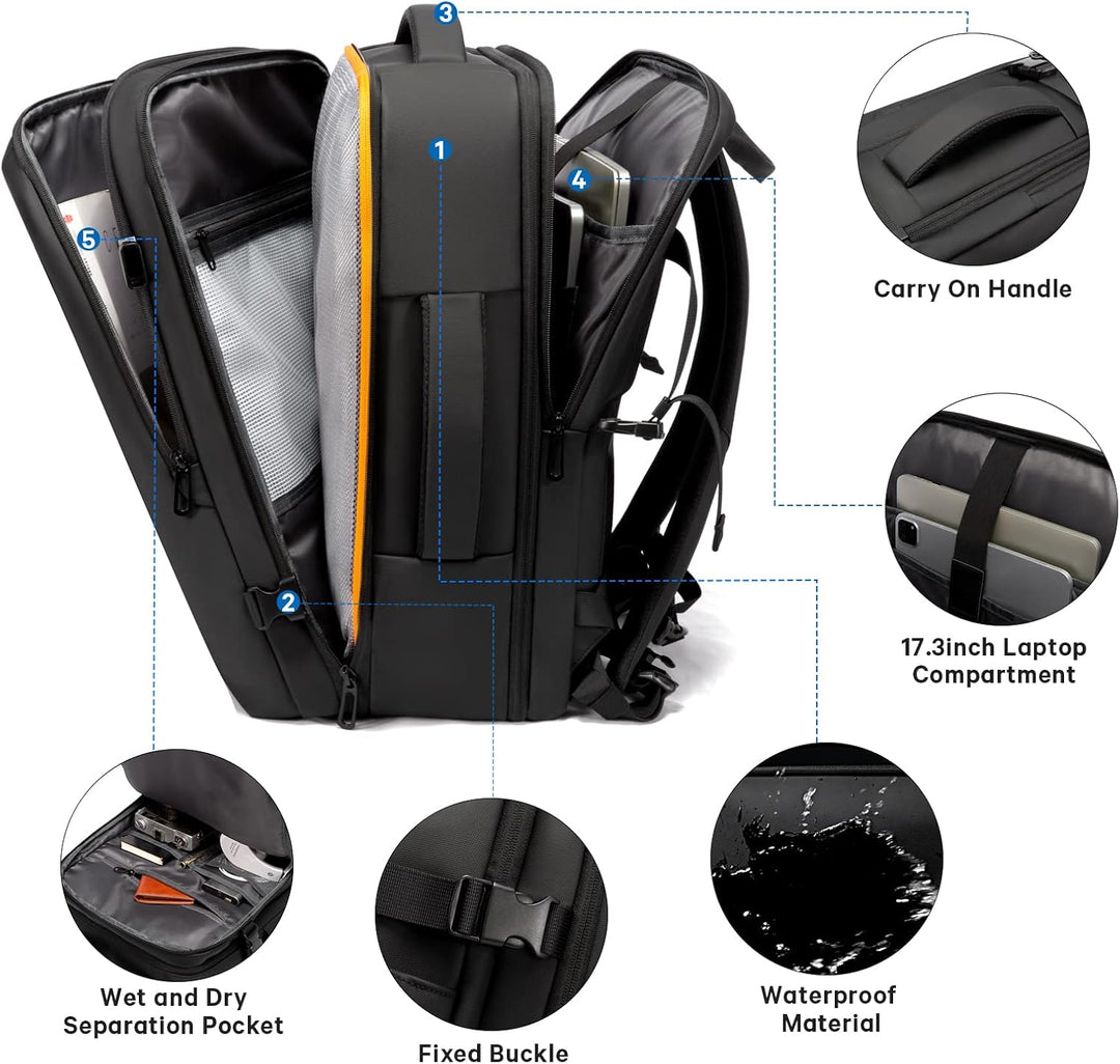 Expandable 26–45L Waterproof Travel Backpack with Laptop Sleeve & Duffle Carry