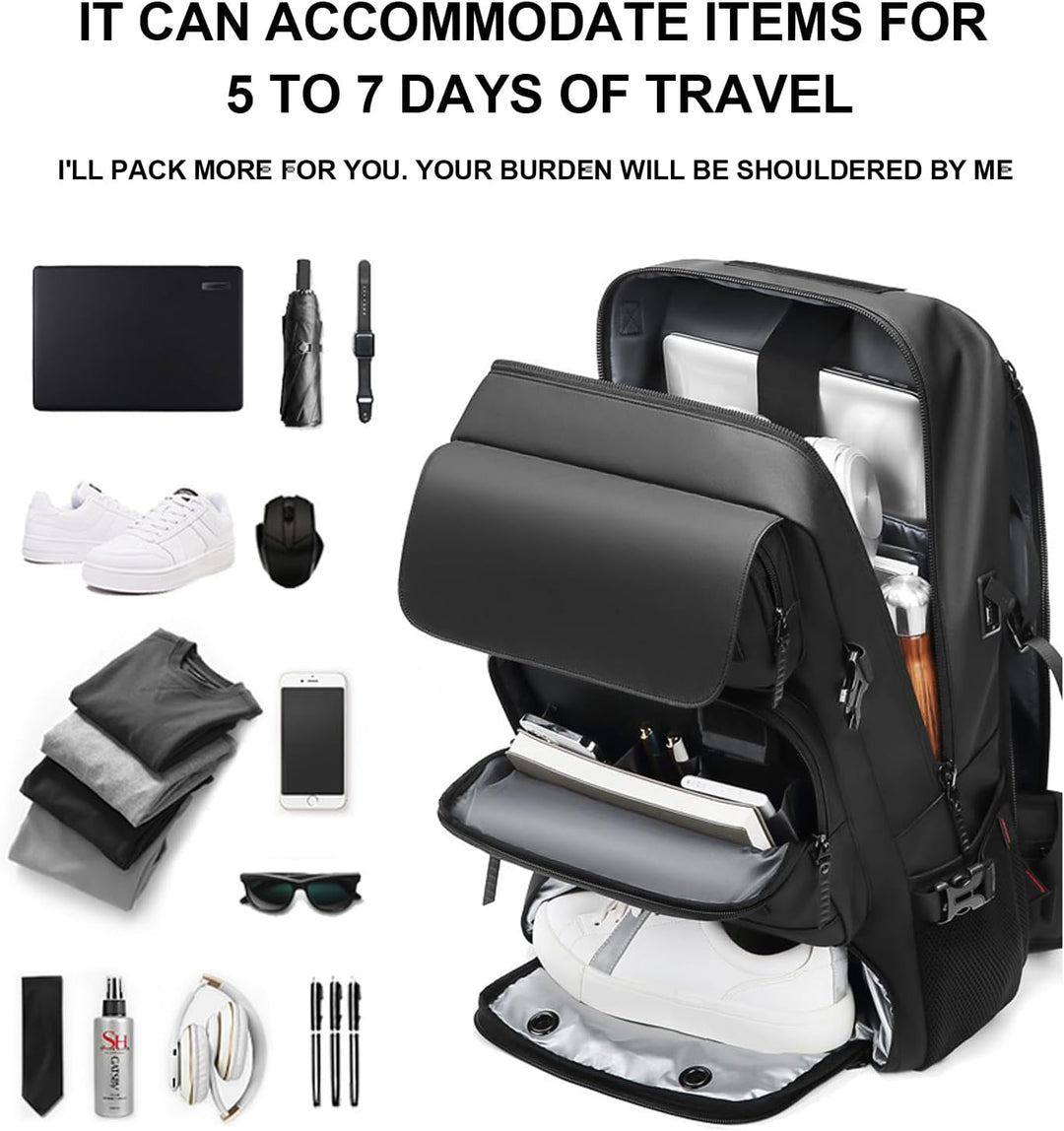 50L Waterproof Travel Backpack with Shoe Compartment & USB Port