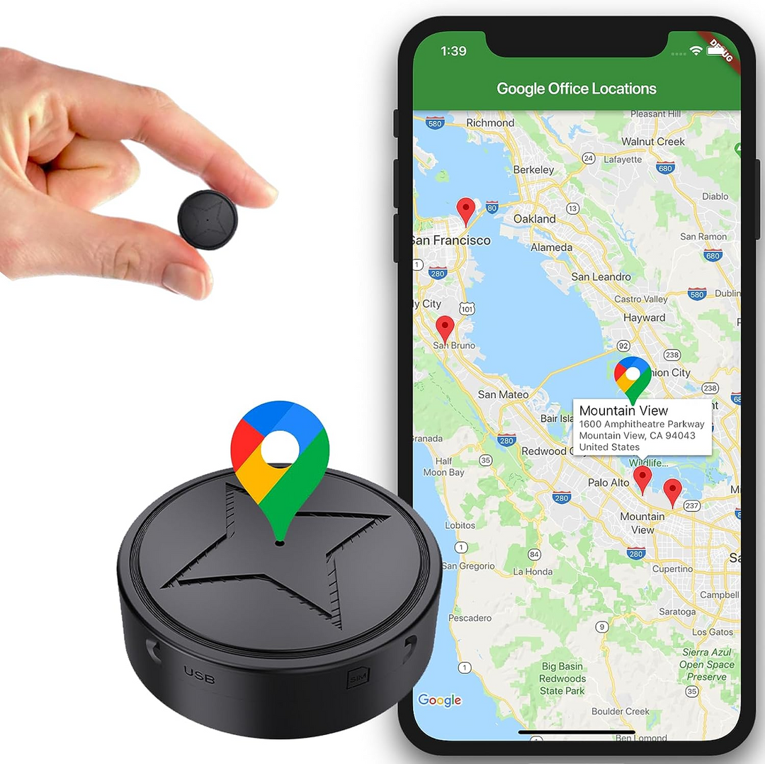 Small round black tracker held between fingers, shown close up beside a phone map with location pins 1
