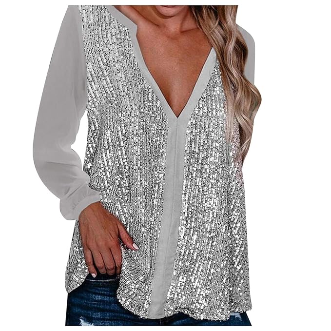 Damen Bluse mit Pailletten, silber, V-Ausschnitt, langärmlig, festlich, elegant.