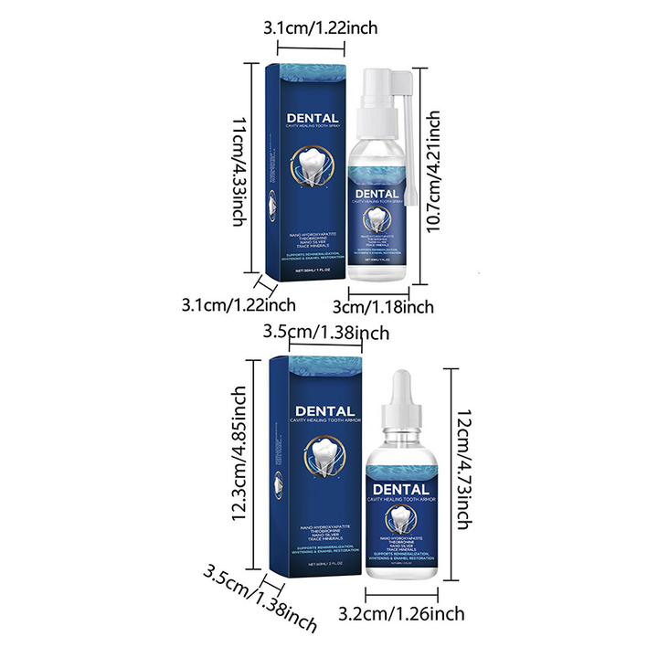 Dimension diagram showing the spray bottle with its carton above the dropper bottle with its carton, with height and width measurements. 9