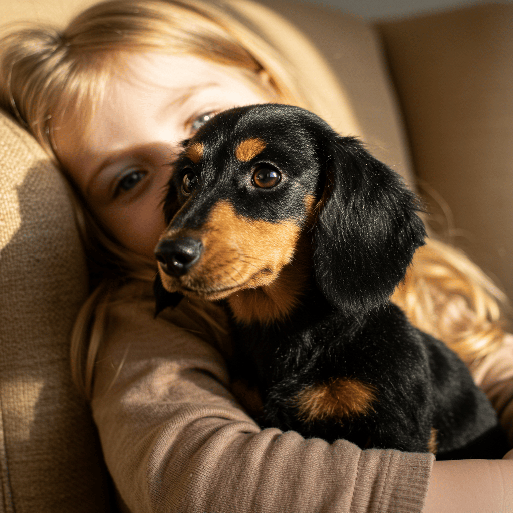 Blonde child snuggles a black-and-tan plush dachshund against an armchair in warm sunlight. 6