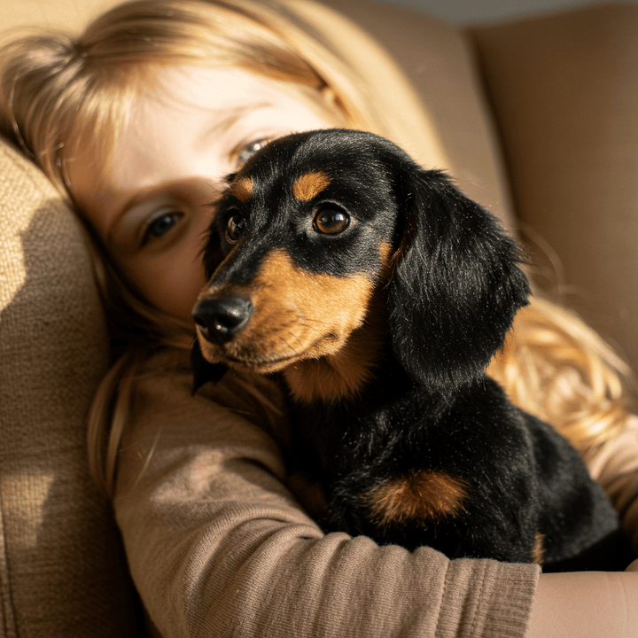 Blonde child snuggles a black-and-tan plush dachshund against an armchair in warm sunlight. 6