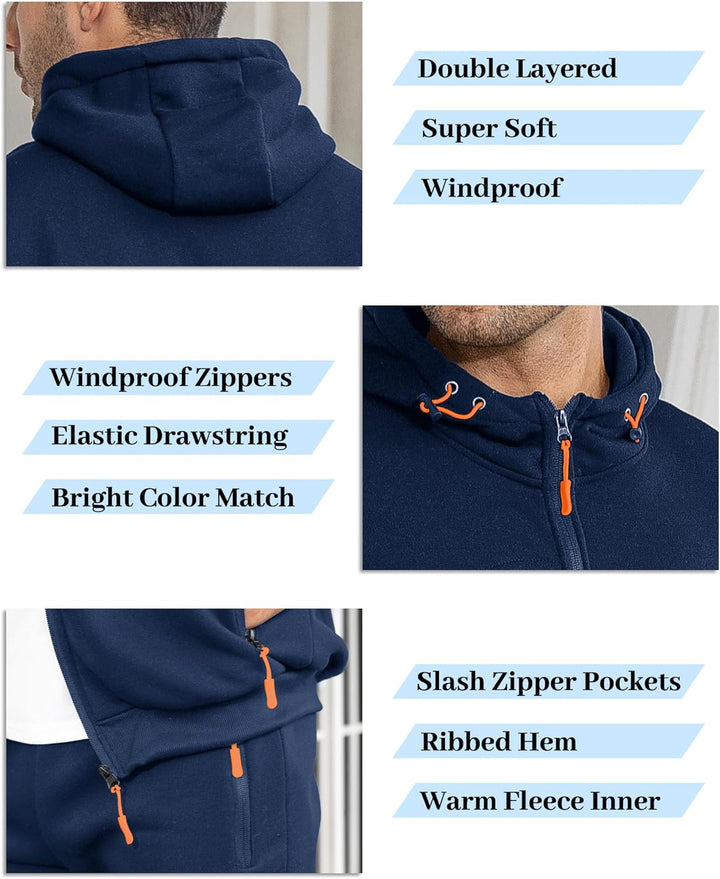 Close-up collage of navy hood, drawstring, zipper and pocket details with feature callouts 4
