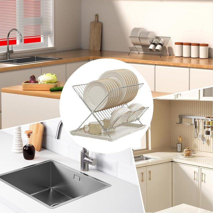 Folding Dish Drying Rack – 2-Tier Countertop Drainer with Detachable Tray – Kelvra