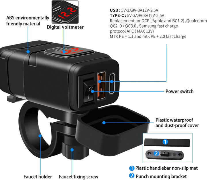 Motorcycle USB & Type-C Fast Charger with Voltmeter – Drayvik