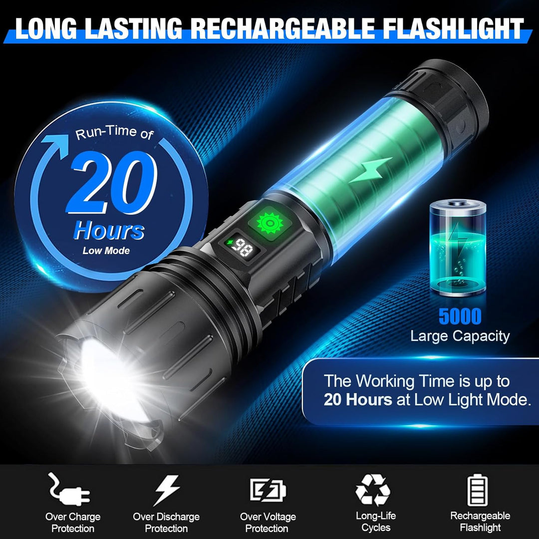 Black flashlight detail showing the rechargeable battery and charging protections.