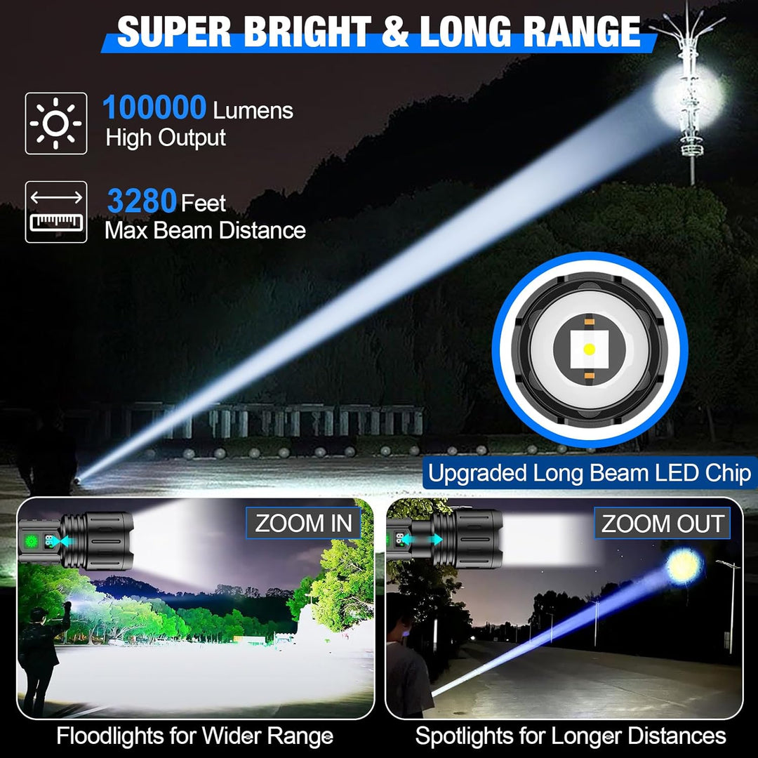 Black flashlight detail showing the long beam and LED chip.