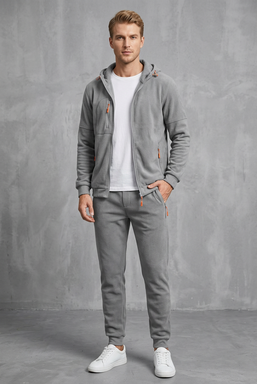 Front view of the light gray soft fleece zip hoodie and joggers with orange zipper pulls 10