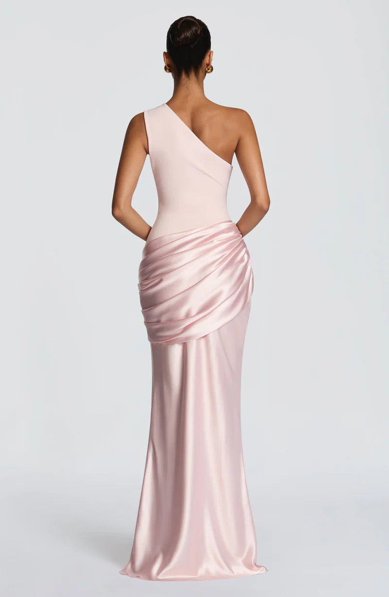 Sidonie One-Shoulder Draped Satin Maxi Dress in pale pink, back view with the asymmetric back neckline and draped hip panel.