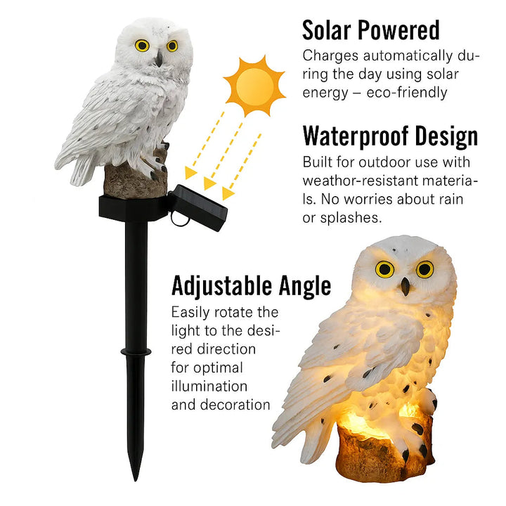 White owl on a ground stake with its solar panel tilted toward the sun, plus a glowing close-up 3