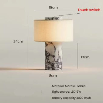Diagram of the marble and fabric lamp with labeled dimensions, a touch switch at the top, and a spec list for material, light source and battery. 13