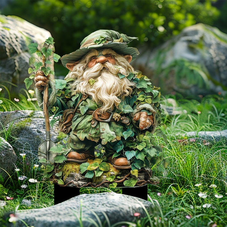 Fairy Tale Acrylic Garden Stake with a bearded gnome and shovel detail