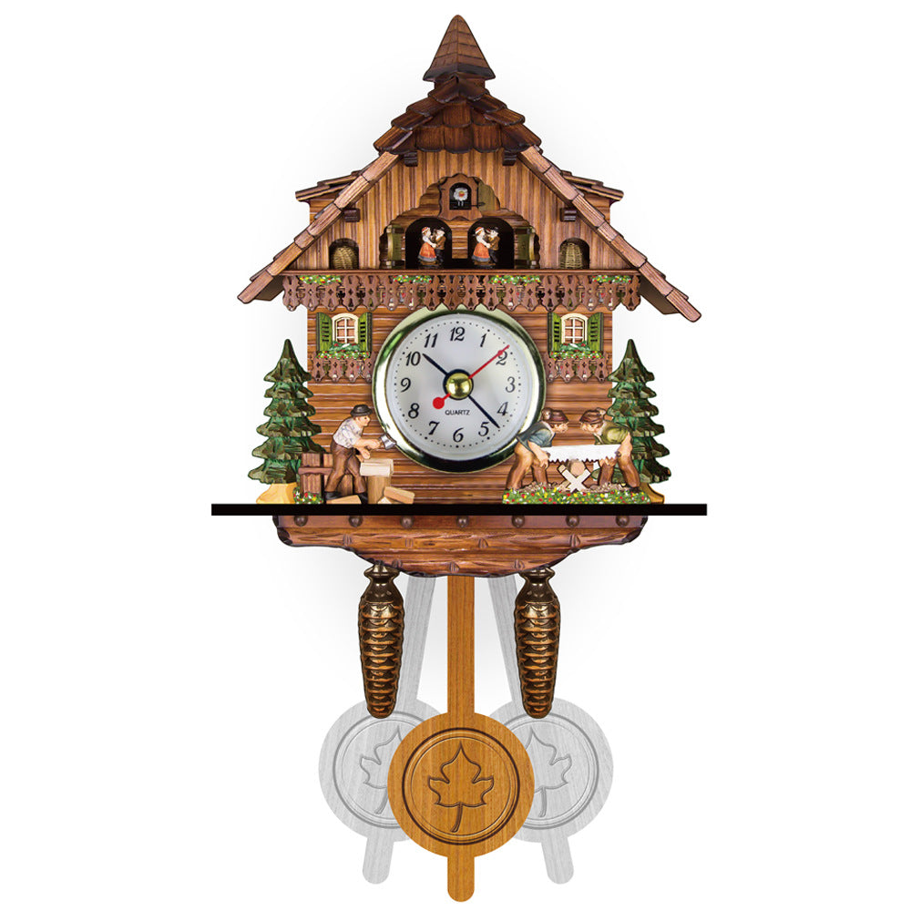 Wooden chalet wall clock with pointed bell-tower roof, woodcutters sawing and chopping, green shutters and pendulum 6
